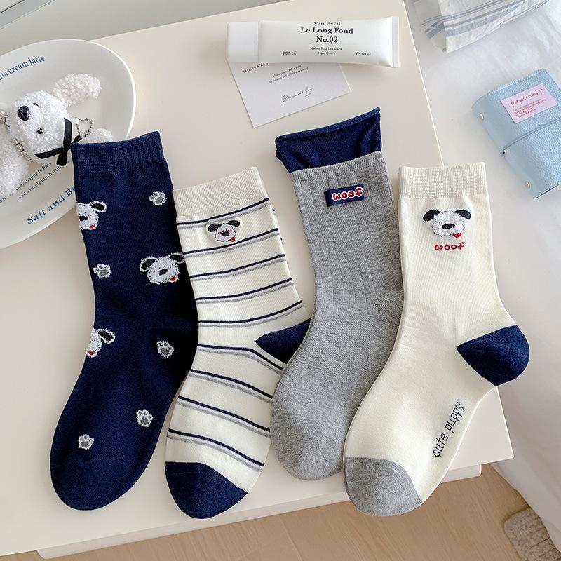 Female Spring and Autumn Cloth Logo Cute Cartoon Puppy Striped Curled College Wind Tube Pile Socks