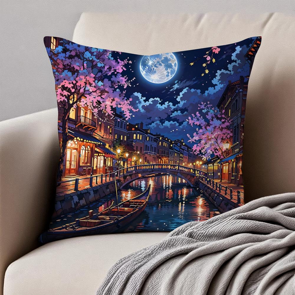 Nighttime dreamy lanterns and flowers Cushion Cover Pillowcase Antidustmite Invisible Zipper Short Plush Sofa Cushion