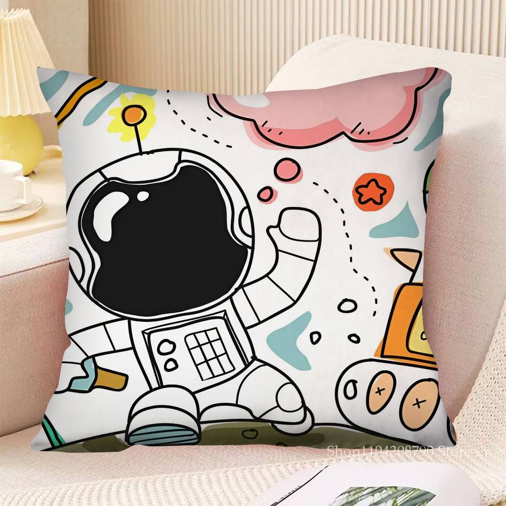 Cartoon Astronaut Rocket Spaceship Pillow Case Fashion Square Pillowcase Bedroom Sofa Room Ins Decoration Leisure
