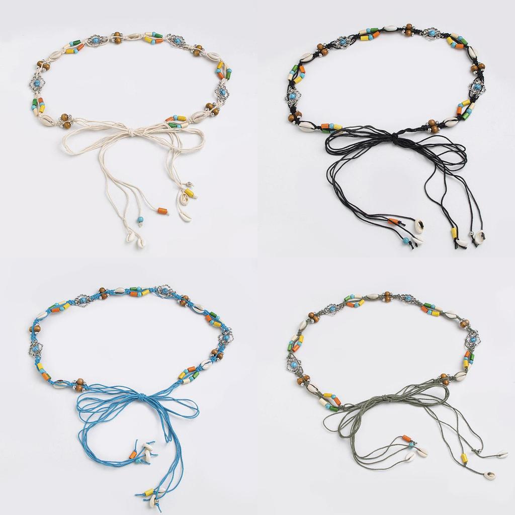 Bohemian Waist Cord With Embellished Shells And Wooden Beads For Beach And Vacation Accessories