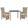 vidaXL 3-tlg. Garten-Essgruppe mit Kissen Beige Poly Rattan
