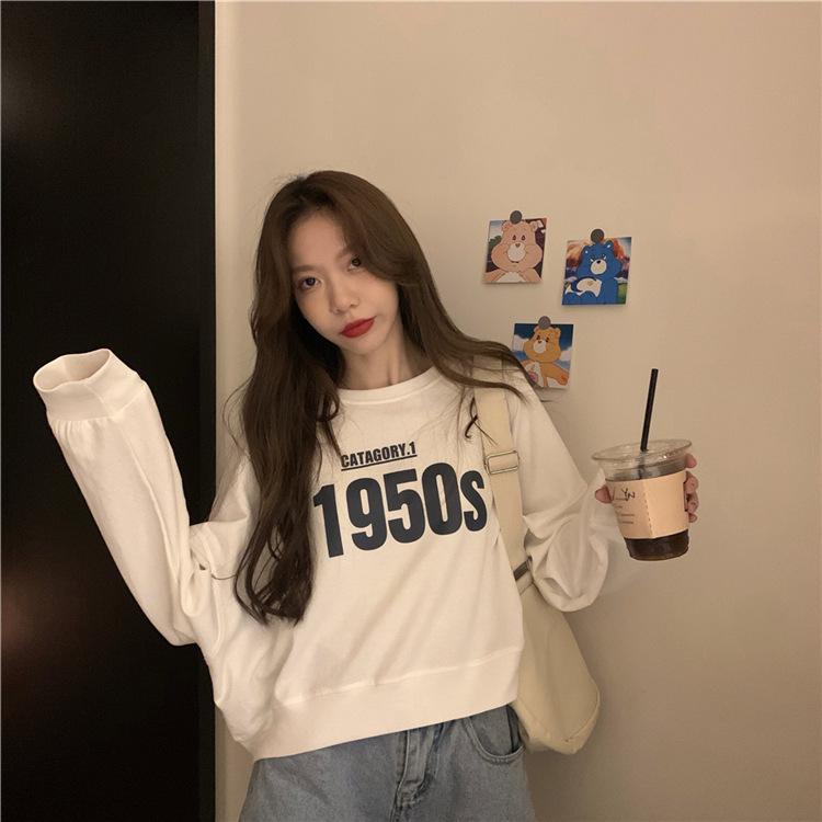 Ladies Loose Letter Printed Short Hoodie Autumn O-neck Long Sleeve Casual Sweatshirt