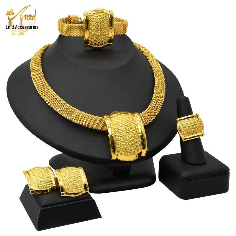 24K Dubai Gold Bridal Jewelry Set: Necklace, Bracelet, Earrings, Ring for African Women