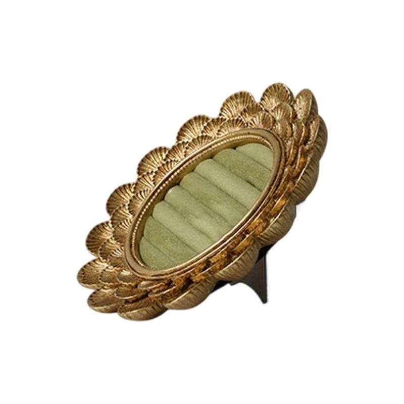 Vintage Jewelry Display Tray with Ring Slots, Gold Tone Oval Holder for Vanity Display and Photography Styling