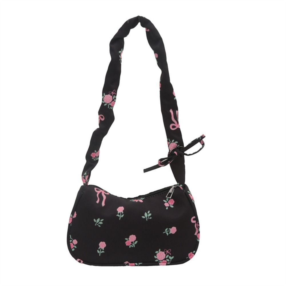 Sweet Flower Pleated Underarm Bag Nylon Zipper Floral Shoulder Bag Lightweight Large Capacity Girls Handbags