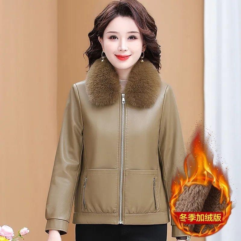 

Новый утепленный теплый наряд для мамы, среднее пальто для мамы, осенне-зимняя короткая женская кожаная куртка с меховым воротником 5XL (155-82.5 kg)