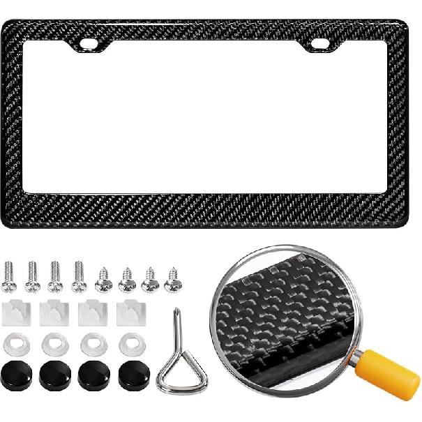 Real Carbon Fiber License Plate Frame, 100% Pure Carbon Fiber Frame, Black License Plate Holder Cover With Screw Caps, Anti-Vibration Pads, (Twill 2