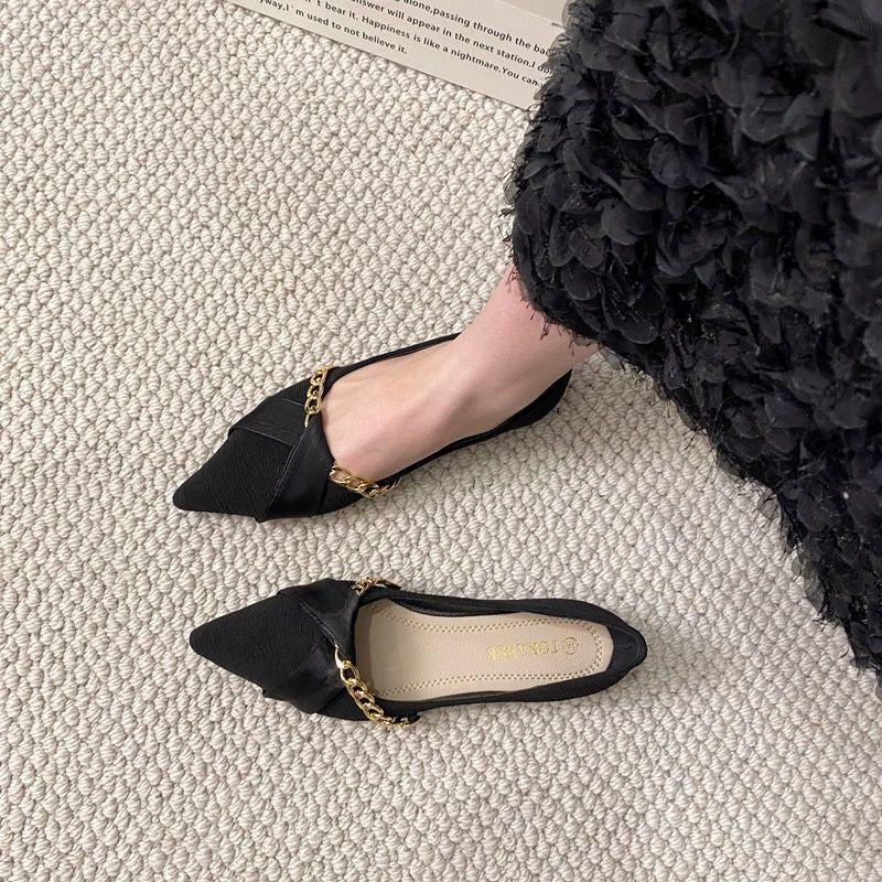2025 Spring New French Celebrity Wind Shallow Mouth Flat Bottom Suede Chain One Pedal Single Shoes Women's Soft Sole Beanie Shoes