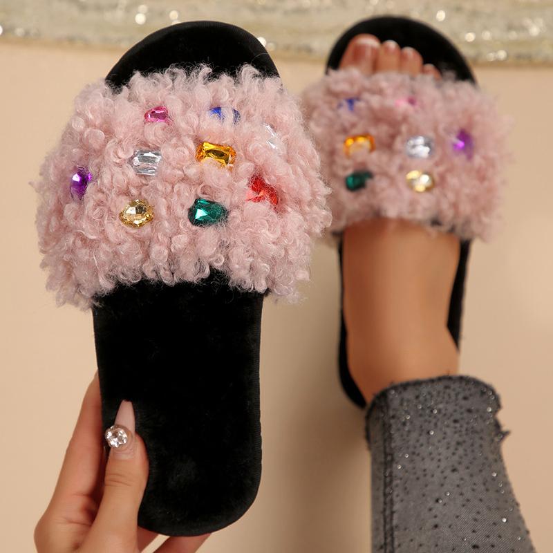Fashion Fashion Rhinestone Cotton Slippers Women Light Flat Heel Slippers Woman Autumn Winter Indoor Anti Slip Plush Slides Female