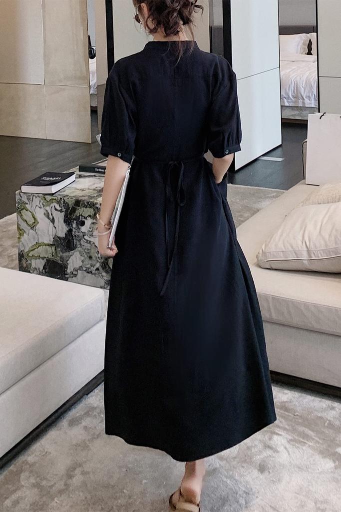 Chubikime Summer Long Short Loose Casual Women's Dress, Sleeve, V-Neck, Midi, A-Line, Black, Slimming, Fit, Formal, Commuting,