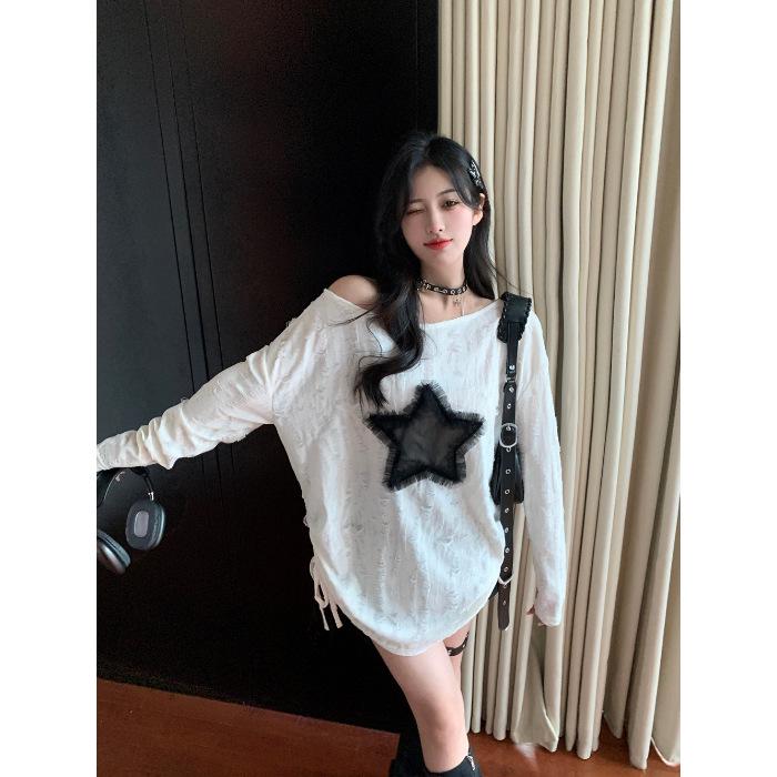 

Yabi Culture Кардиган с открытыми плечами в стиле Y2K, милый и пикантный, рваный, с длинными рукавами и защитой от солнца L белый