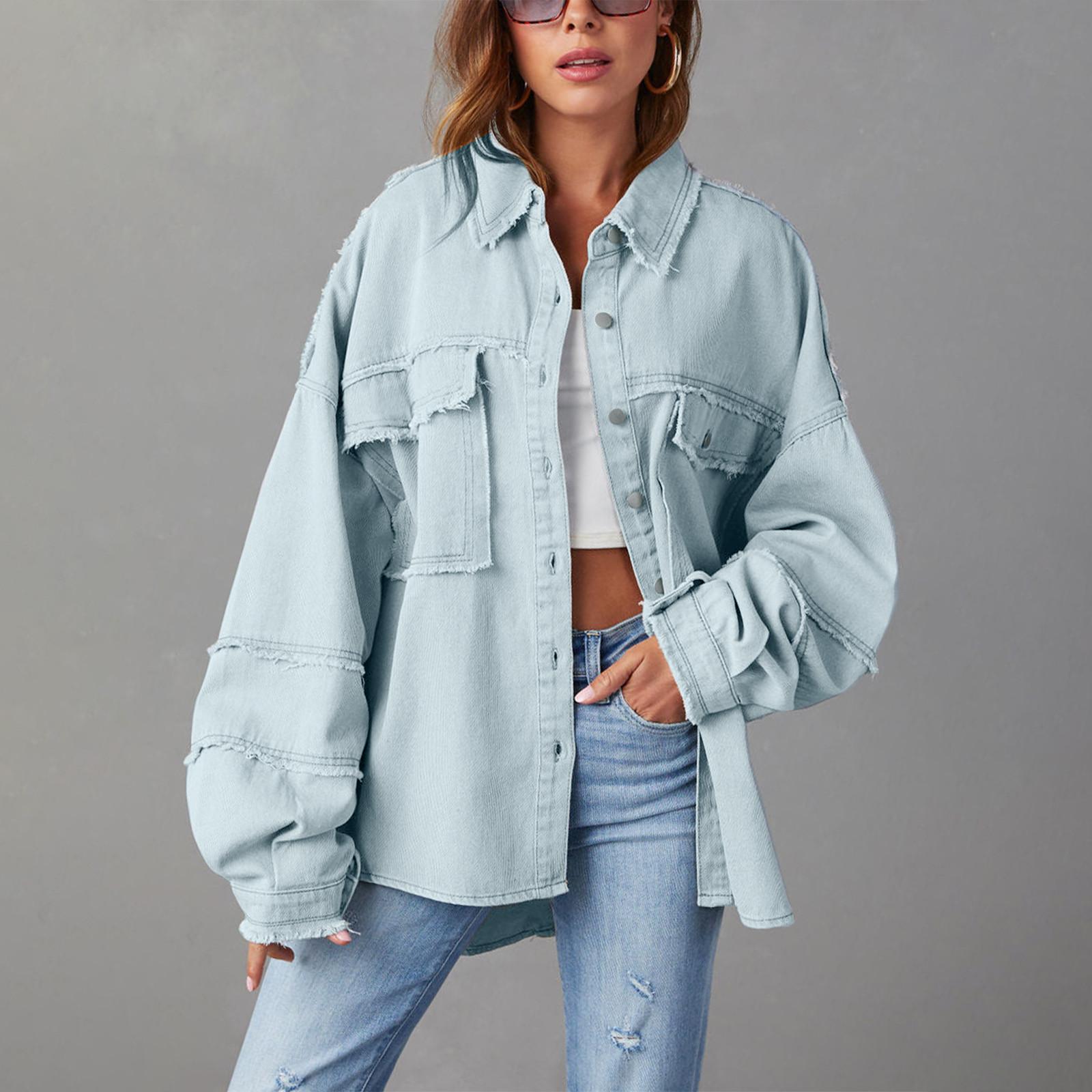 

Женская осенне-зимняя модная спортивная пуговица с длинным рукавом, повседневная однотонная джинсовая куртка для уличной вечеринки (карманный) XL