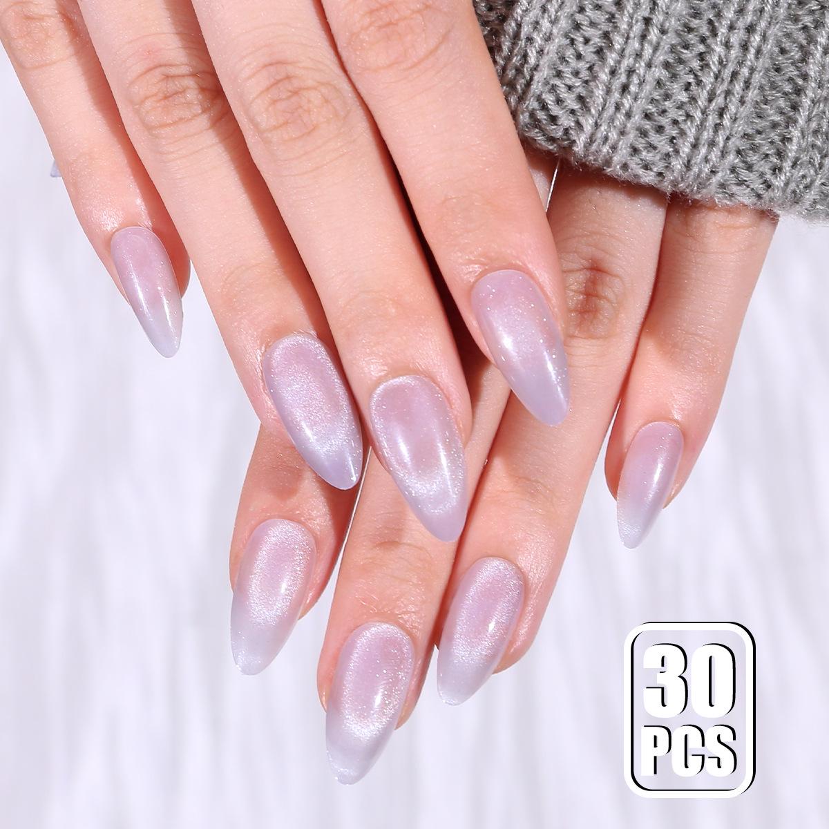 

2025 Trendy Cat Eye Almond Press-On Nails, Semi-Transparent Water Drop Design, Set of 30