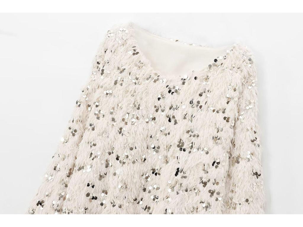 Women's 2024 Autumn/Winter Sequin V-Neck Tassel Knit Sweater
