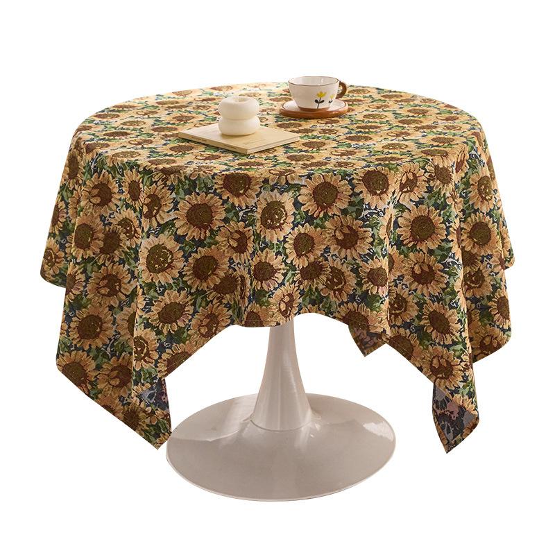 Vintage Sunflower Dining Table Fabric Coffee Table Cloth Round Color Woven Jacquard Tablecloth Pastoral Oil Painting Decorative Cover