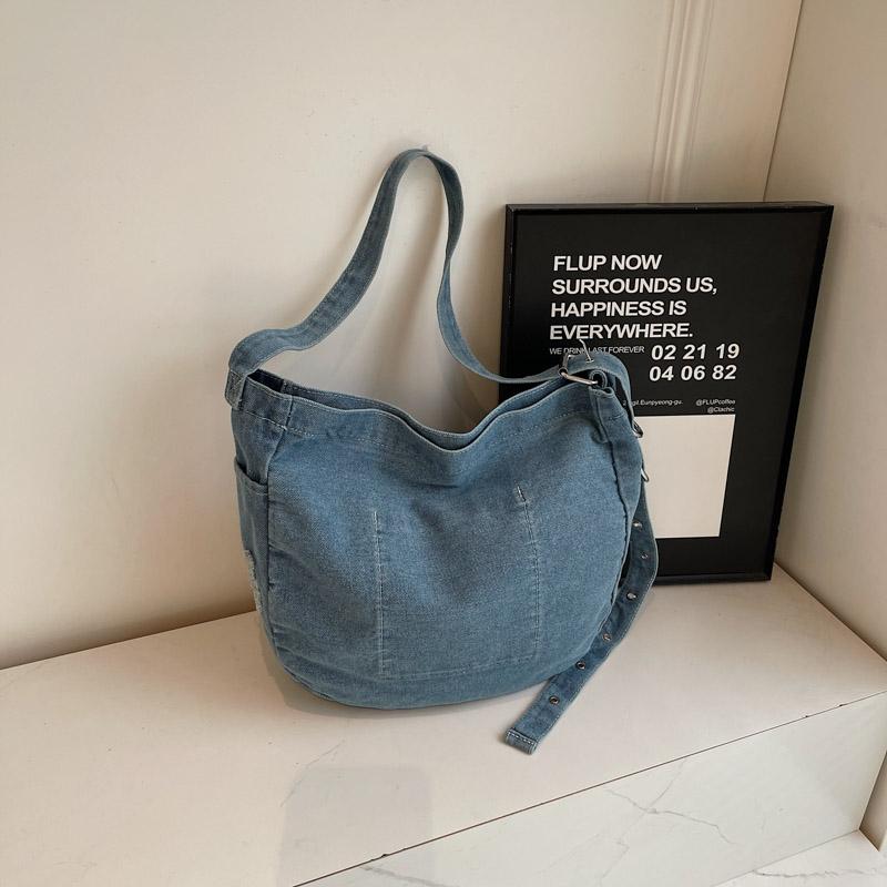 Denim Messenger Bag med Stor Kapacitet Dam Vintage Axelväska Crossbody-väska