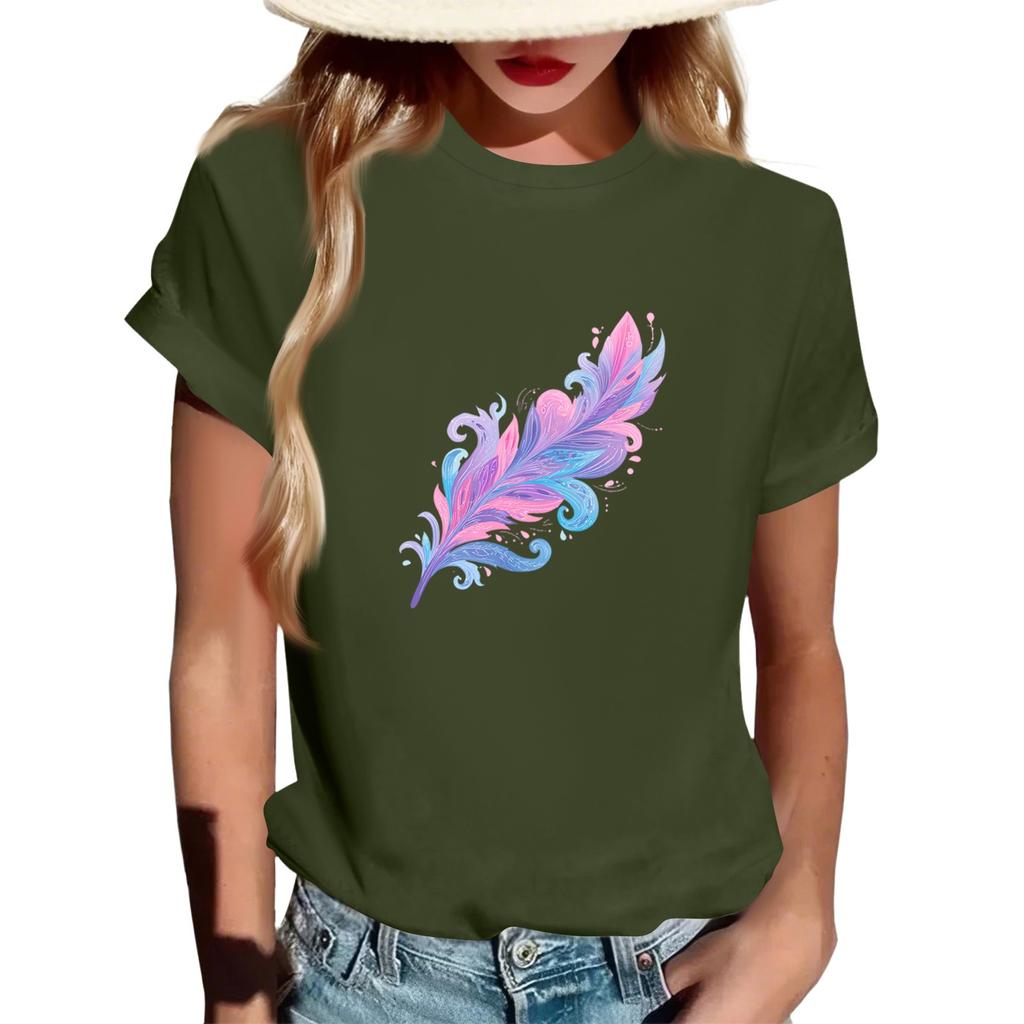 Women's Fashionable Round Neck Casual Retro Print Short Sleeved T-shirt Top