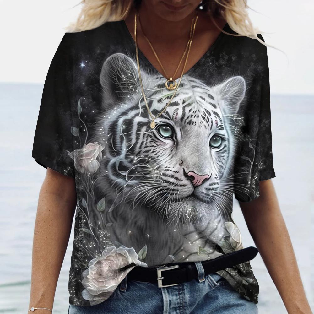 Women's 3D Animal Print Short-sleeved Shirt, Casual and Fashionable V-neck T-shirt