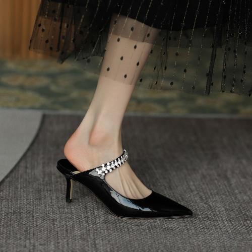 New Summer Rhinestone Glitter Sandals Women Pointed Toe Slip On Mules Flat Shoes Open Back Slippers