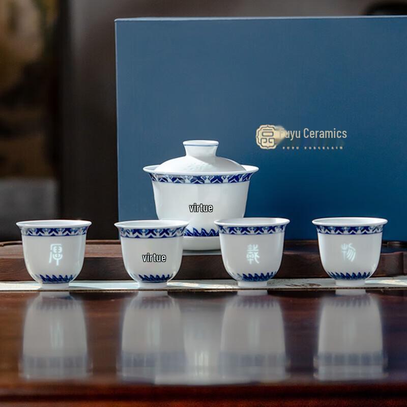 

Jingdezhen Fuyu Hand-Painted Blue & White Linglong Sancai Gaiwan Tea Set - Hou De Zai Wu (5-piece)