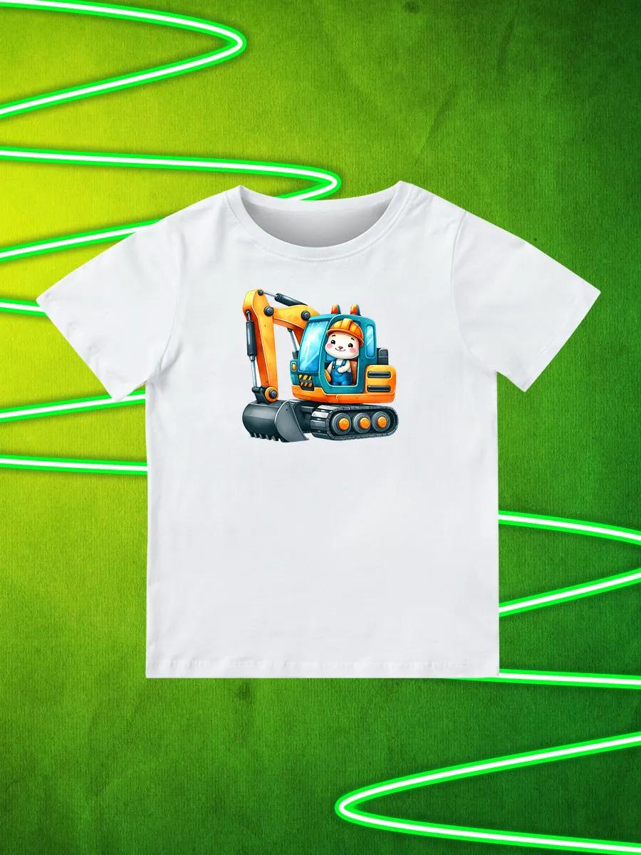 Round Neck Printed Pattern Pullover Short Sleeve Kids Tops Excavator 160