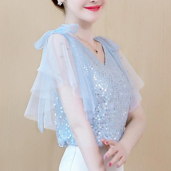 Women's Short Sleeve Sequined Chiffon V-Neck Shirt - Elegant, Fashionable, Loose Fit Top for Mature, Fairy-Inspired Summer Style