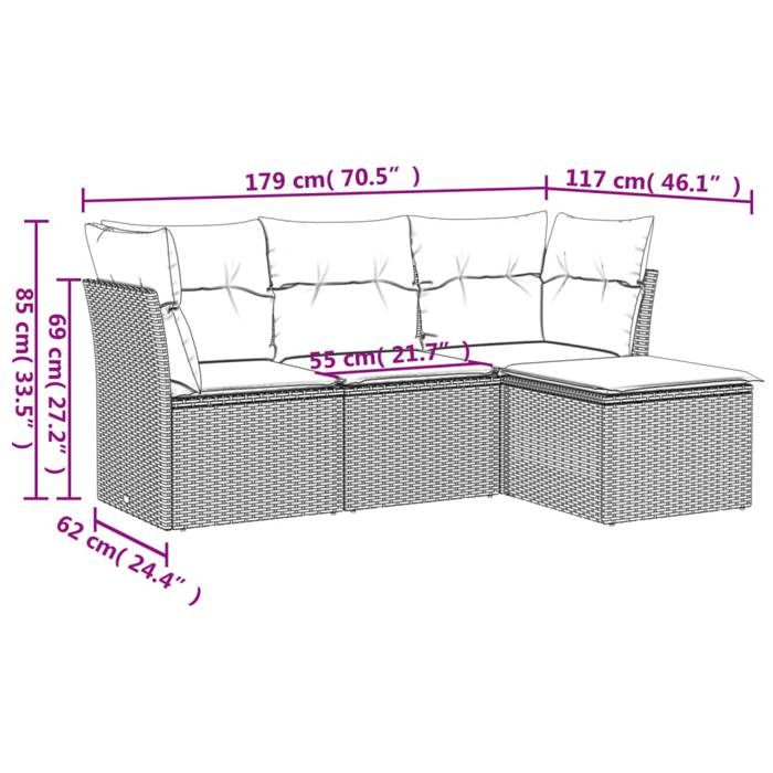 VidaXL Salon de Jardin avec Coussins 4 pcs, Canapés avec Pieds Réglables, Ensemble de Meubles d'Extérieur Patio Terrasse, 3249379