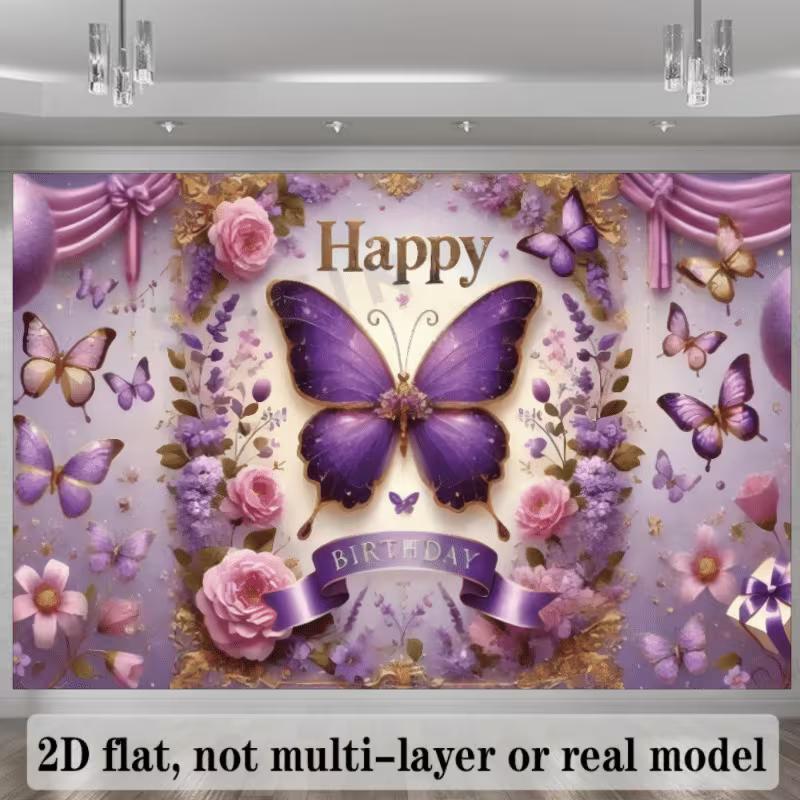 2D Elegant Purple Butterfly Floral Birthday Backdrop for Photoshoot
