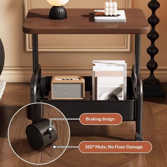 Rolling Double Layer Side Table with Storage Shelf Living Room Bedroom Sofa Couch Bedside Coffee Tea Table Desk Cart with Lockable Wheels