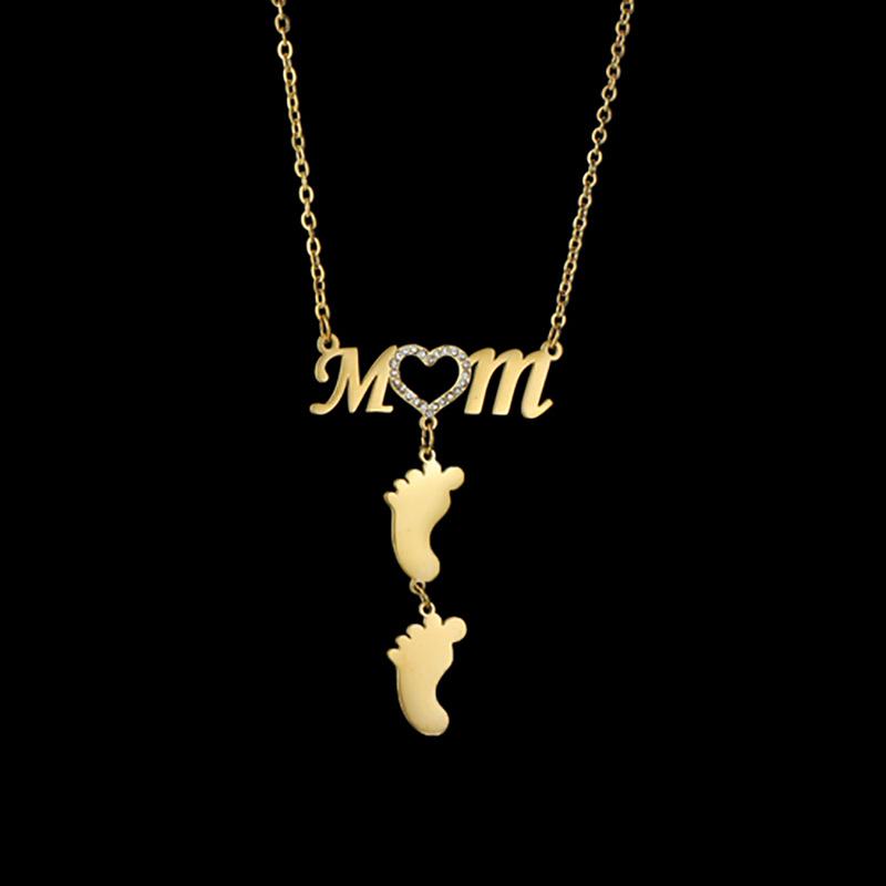Diamond-Inlaid "MOM" Engraved Necklace with Personalized Paw Print Pendant