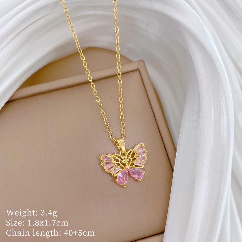 Empty Butterfly Full Diamond Light Luxury Temperament Gorgeous Full Diamond Necklace Female Versatile Collarbone Chain Titanium Steel Chain