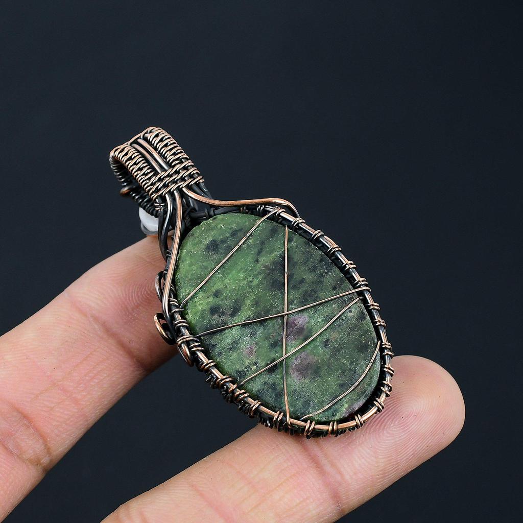 Ruby Zoisite  & Moonstone Gemstone Handmade Pure Copper Wire Wrap Jewelry Pendant For Love