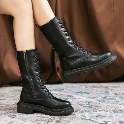 Women's Mid-calf Boots High Quality Leather Casual Boot Fashion Motorcycle Knight Boots for Women Lace Up Flat Boots Botas Mujer