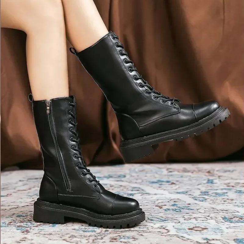 Damen Stiefel bis zur Wade Hochwertiges Leder Freizeitstiefel Mode Motorrad Ritterstiefel für Damen Schnürung Flache Stiefel Botas Mujer