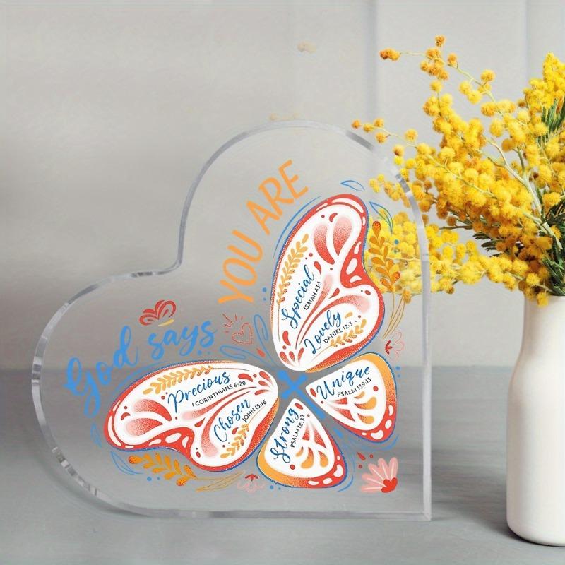 2D Flat, Christian Bible Verse Heart Acrylic Tabletop Decor Plaque, Butterfly Design, Home Decor Plaque Hanging Wall Art Decorative Garden Decoration
