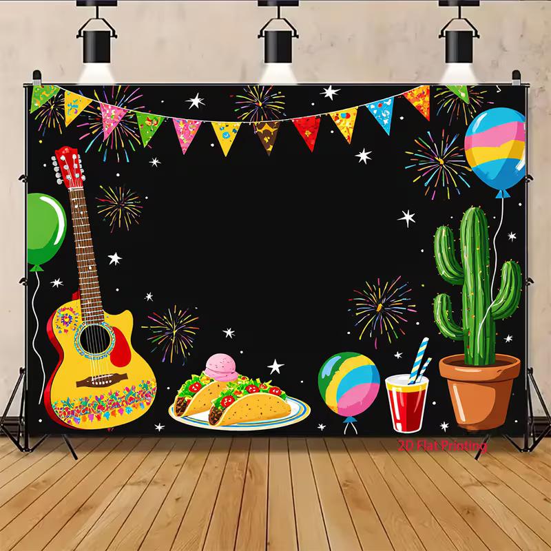 2D Fiesta Taco Guitar Backdrop, Mexican Cinco de Mayo Party Photo Booth Banner 47.2x31.5inch/120*80cm