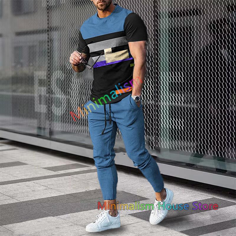 Fashion Men Trousers Tracksuit Stripe Printed Jogger Sportswear Short Sleeve T Shirt +Long Sweatpants 2 Piece Sets Men Clothes