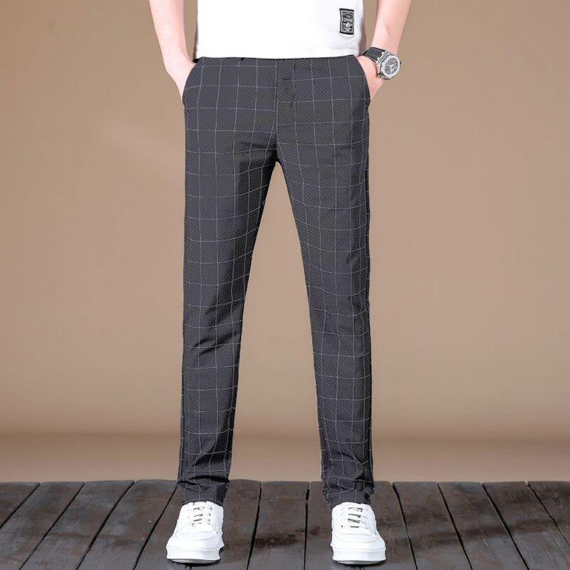 Men's Black White Grid Pattern Slim-Fit Pants Elastic Waist Casual Trousers Daily Office Fashion Long Pants