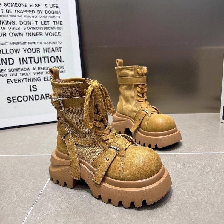 Martin boots women's 2025 new versatile splicing cloth thick-soled muffin strap casual locomotive boots small short boots