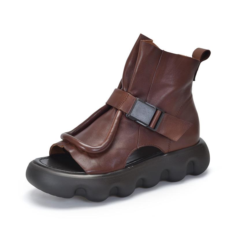 

Johnature Летние ботинки Натуральная кожа Универсальные Ажурные Пикантный носок Толстая подошва Женские сандалии 40