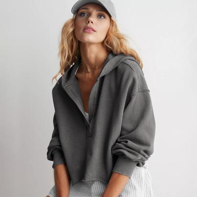 Damska krótka bluza dresowa luźna z długim rękawem z dekoltem w serek bluzy codzienne z kapturem pulower krótki top do ćwiczeń
