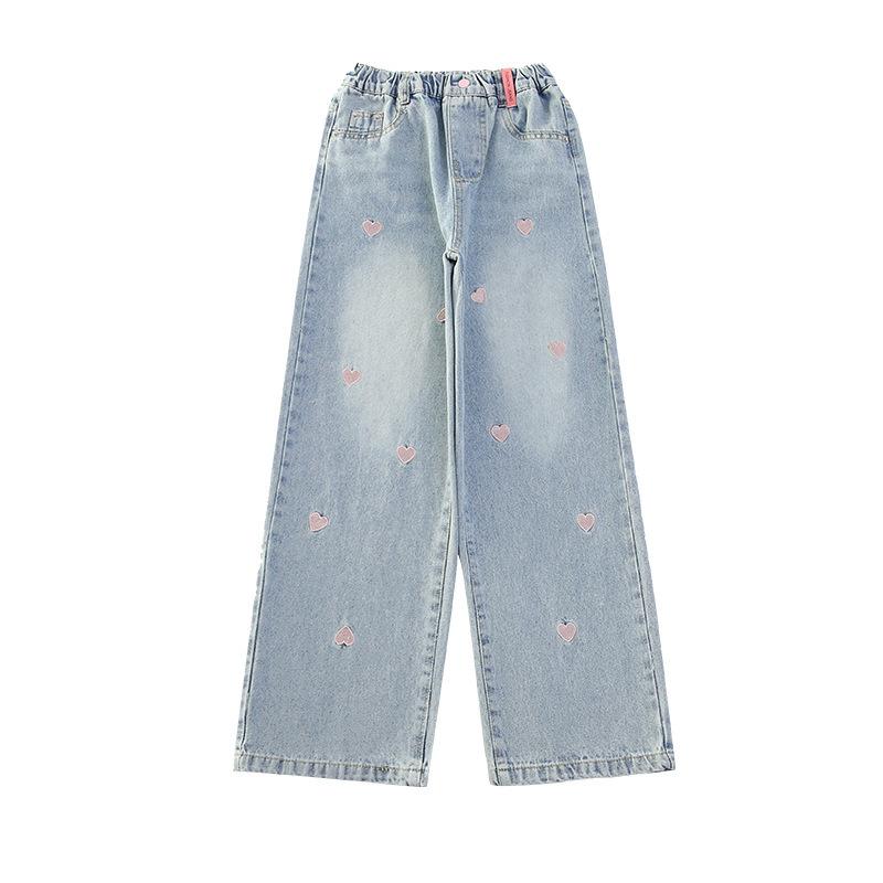 Spring and Autumn Girls Versatile Love Metal Buckle Wide Leg Pants Pocket Jeans Elastic Waist Pants
