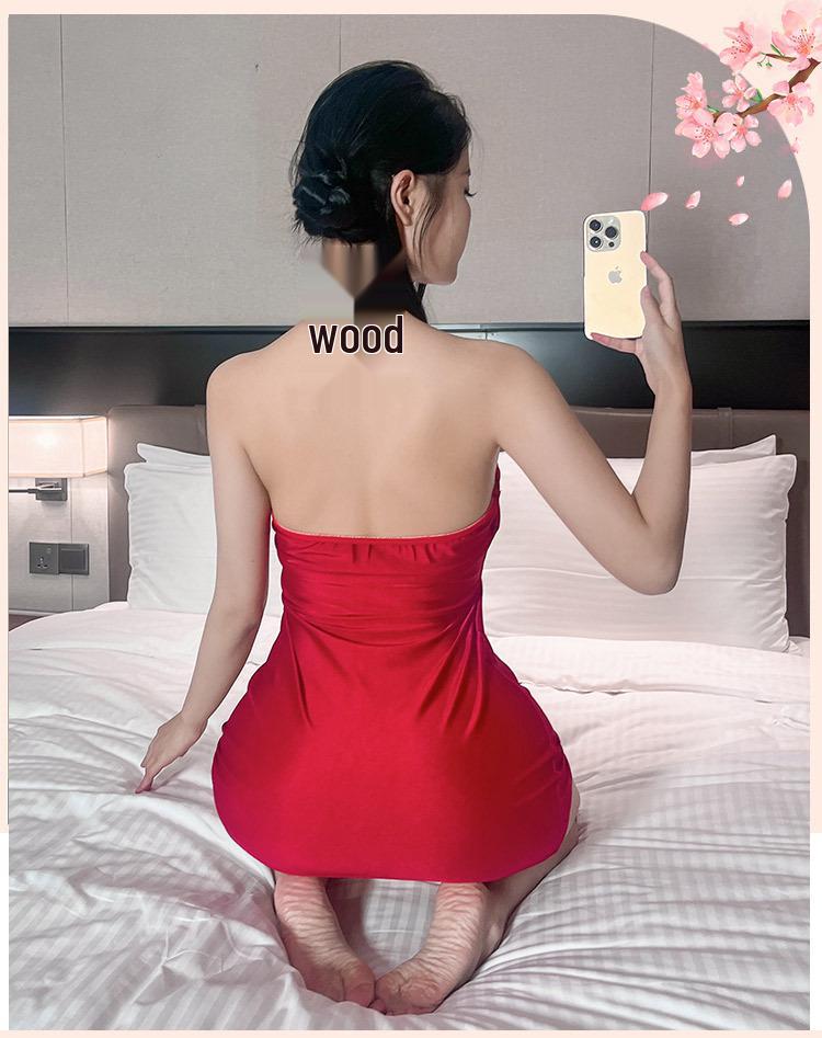 Red Embroidered Erotic Ancient Style Qipao Nightgown for Role Play