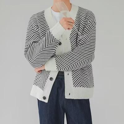 Korean Men's Mature Style Loose Drape V-Neck Striped Cardigan Sweater