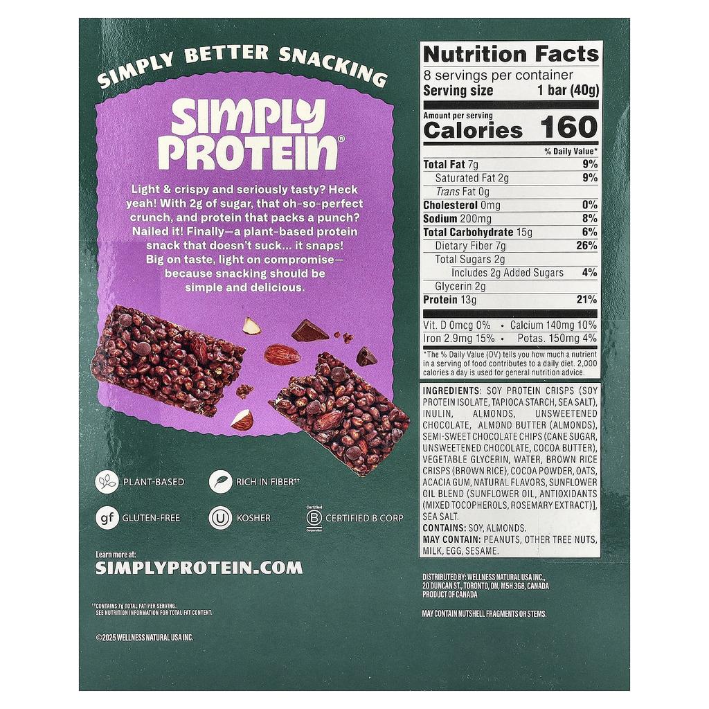 Simply Protein, Crispy Snack Bars, Dark Chocolate Almond, 8 Bars, 40g (1.41oz) Each