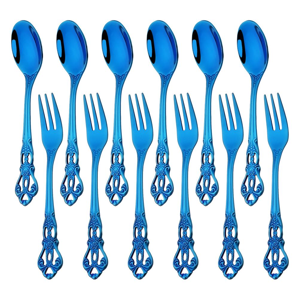 12pcs Colorful Royal Tableware Set Western Stainless Steel Flatware Cutlery Coffee Spoon Fruit Cake Fork Dinnerware Silverware