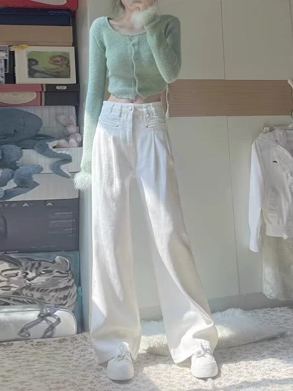 Women's Fleece-Lined White Straight-Leg Jeans, Autumn/Winter, Pear-Shaped Fit, Loose Wide-Leg Floor-Length Thick Pants.