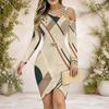 Women Plus Size Chain Strap Cold Shoulder Long Sleeve Printed Asymmetrical Bodycon Dress