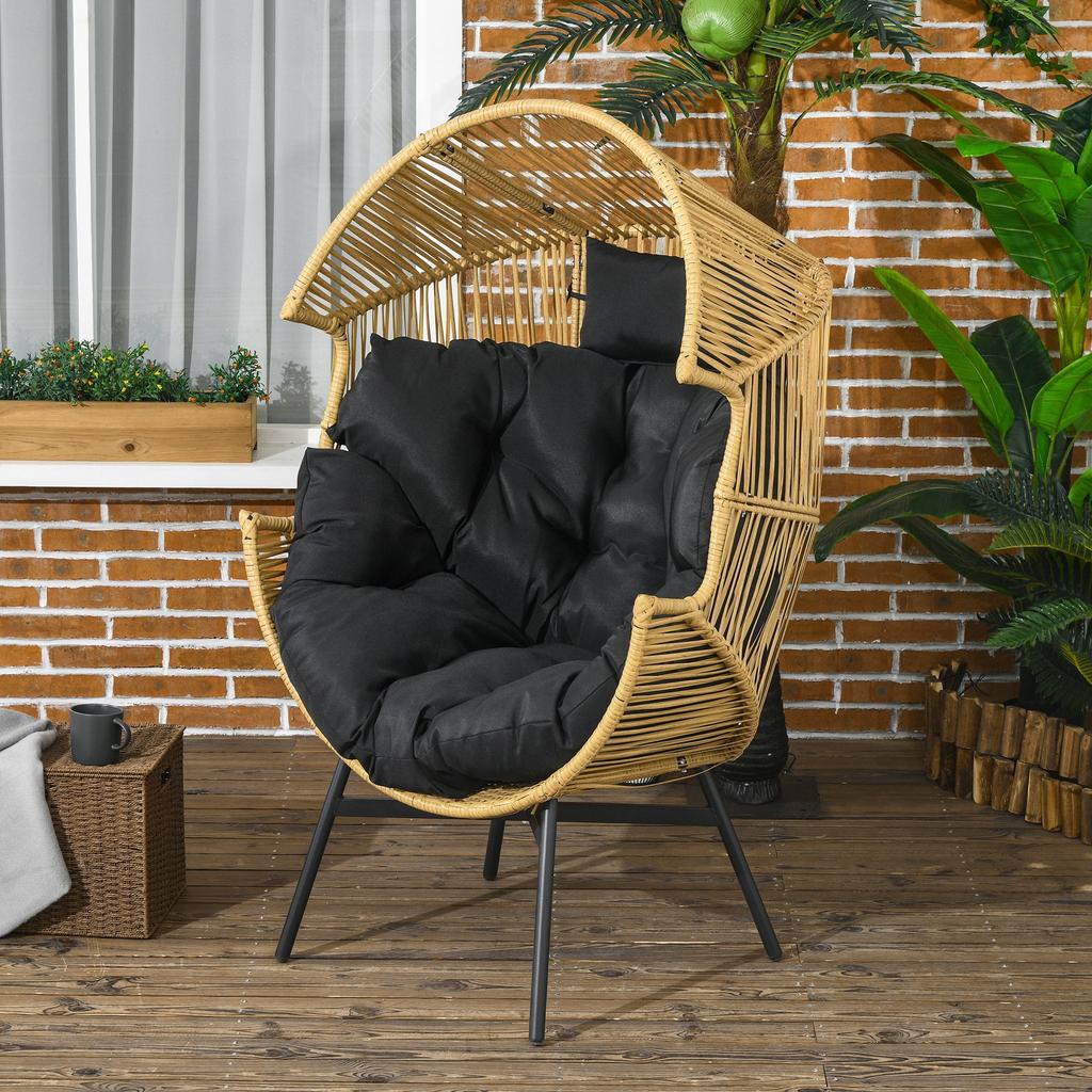 Rattan-Sessel, Stuhl für den Außenbereich, Gartenstuhl. PE-Rattan. 89 cm x 75 cm x 143 cm. Natürlich + Schwarz