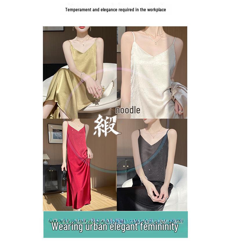 Elegant Solid Color Flower Acetate Satin V-Neck Spaghetti Strap Summer Dress for Women